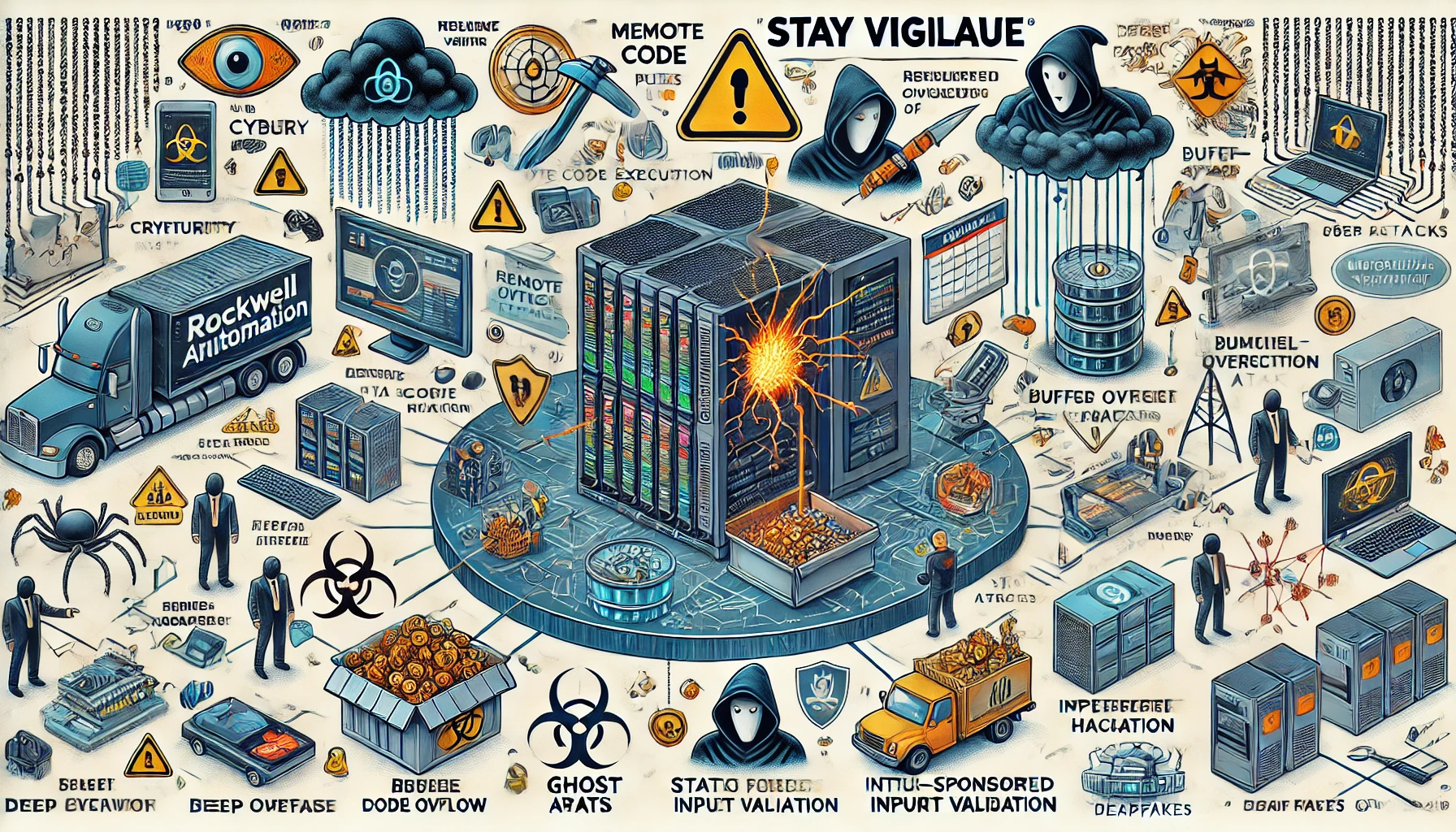 Illustrated by our virtual artist, vulnerabilities exploited by remote attackers executing arbitrary code.