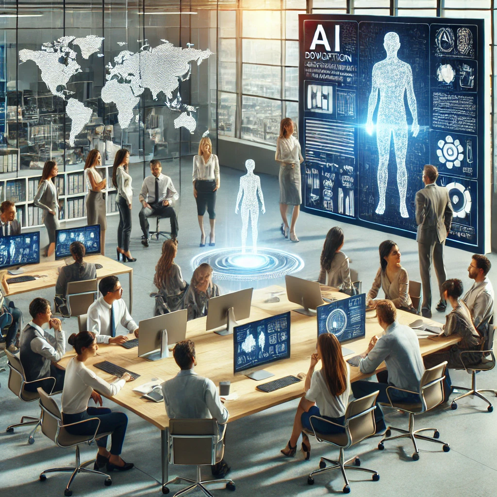 Illustrated by our virtual artist, a diverse group of professionals working together in a modern office, symbolizing the collaborative effort needed for AI development. he background includes a world map and a whiteboard with notes on AI ethics, emphasizing global cooperation and comprehensive planning. 