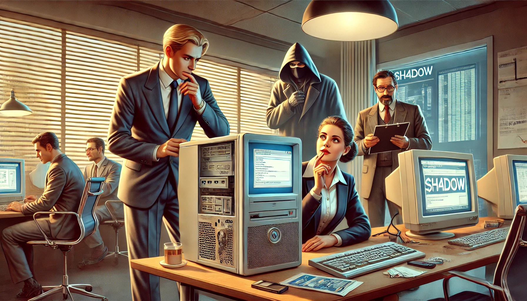 Illustrated by our virtual artist, Jane Smith and Jack Krekr examining the old computer, the shadowy hacker $h4d0w lurking in the background.