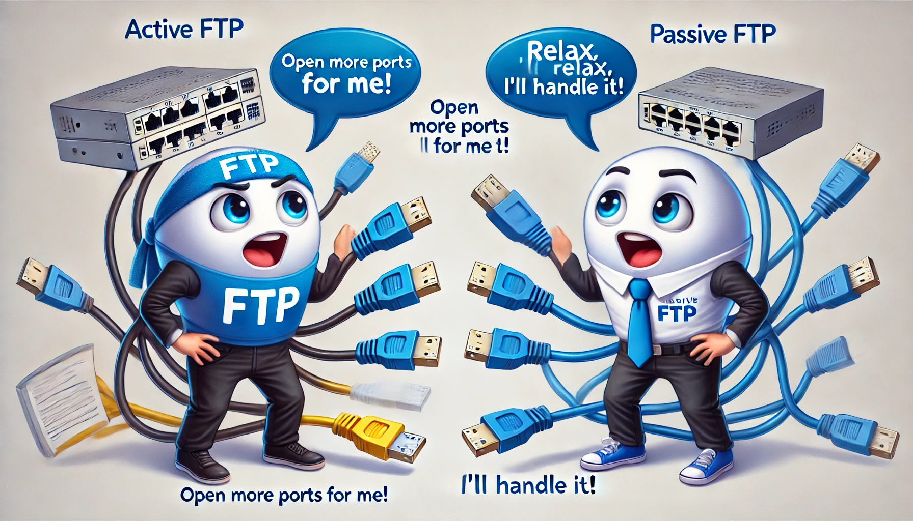 Humorous illustration showing the difference between Active and Passive FTP Modes. The Active FTP character holds multiple ports and cables, indicating the need for the client to open ports for data transfer. The Passive FTP character holds a simplified firewall and a single connection, representing the server managing the connection ports. Speech bubbles show the Active FTP character saying “Open more ports for me!” and the Passive FTP character responding “Relax, I’ll handle it!” The image has a white background and blue accents.