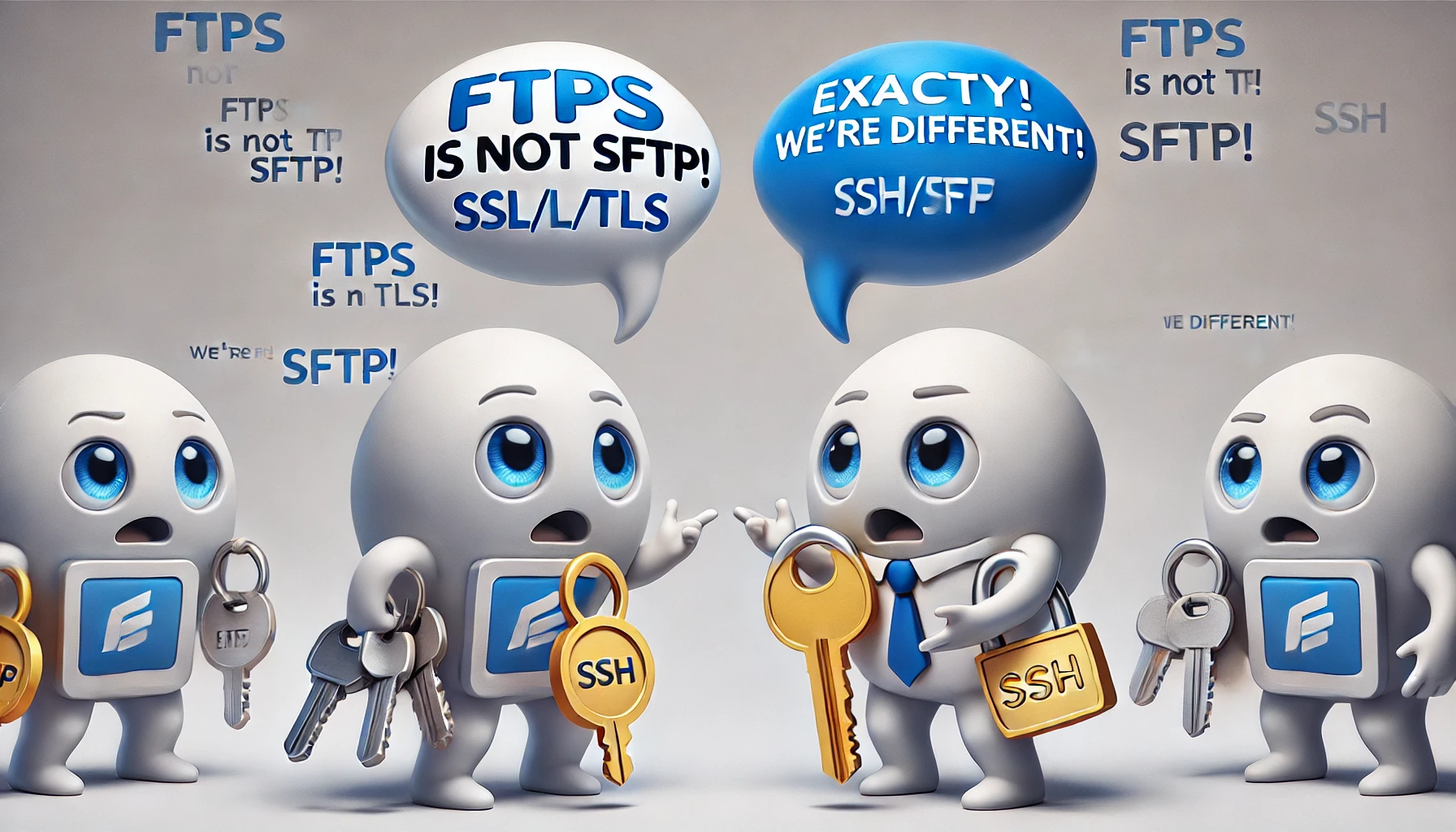 Humorous illustration depicting the difference between FTPS and SFTP. The FTPS character holds multiple keys and locks, symbolizing SSL/TLS certificates, while the SFTP character holds a single large key representing the SSH protocol. Speech bubbles show the FTPS character saying “FTPS is not SFTP!” and the SFTP character responding “Exactly! We’re different!” The image has a white background and blue accents.