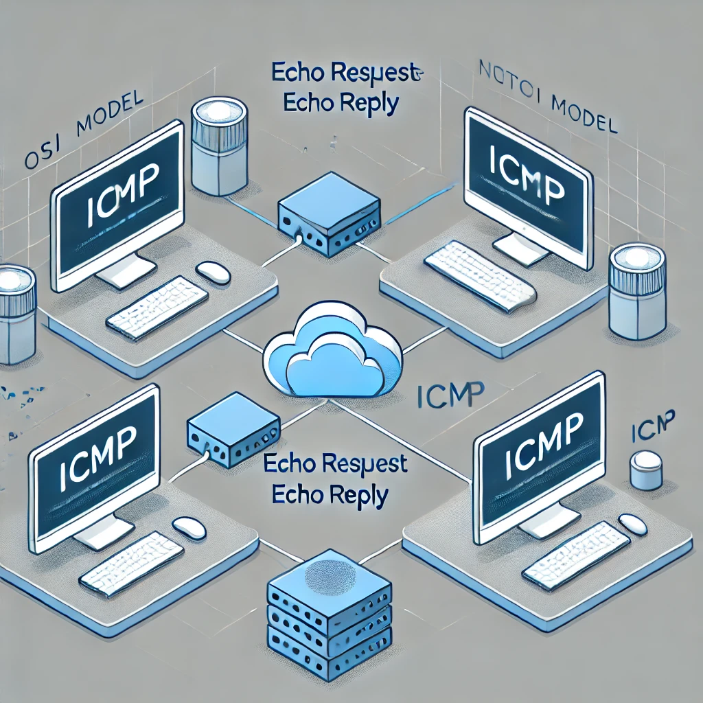 Illustrated by our virtual artist, a simplified network diagram showing the ICMP protocol in action. Depict two computers communicating with each other using Echo Request and Echo Reply messages. Include a visual representation of the OSI model with the ICMP layer highlighted.