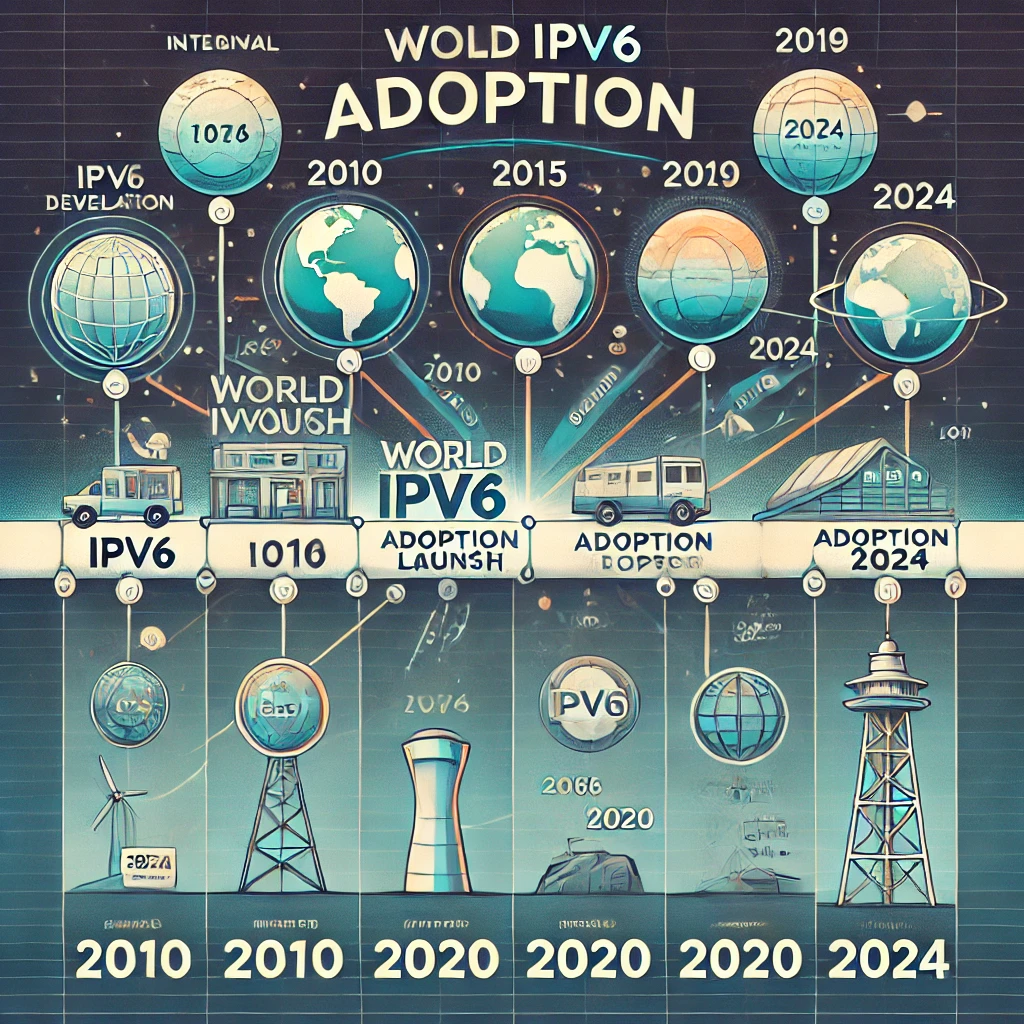Illustrated by our virtual artist, this is the timeline of key milestones in IPv6 adoption from creation to 2024, including the development of IPv6, the World IPv6 Launch, and major adoption benchmarks at intervals such as 2010, 2015, and 2020. The timeline visually tracks the steady growth of IPv6 adoption worldwide, highlighting significant increases in adoption rates over time.
