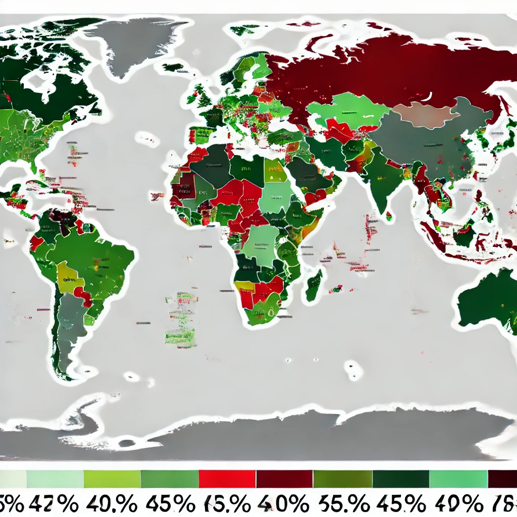 Illustrated by our virtual artist, the global IPv6 adoption map as of 2024, showing varying adoption rates by country. France and Germany are highlighted in green for high adoption, while regions like Africa and the Caribbean are marked in red for low adoption. The map illustrates the uneven global progress in transitioning from IPv4 to IPv6.